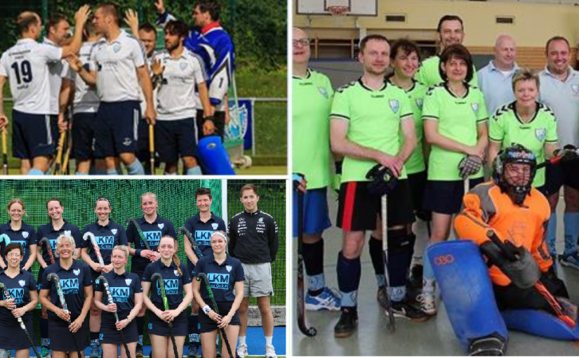 Mannschaftsbilder von Damen-, Herren- und Elternhockeyteam. Hockeytraining
